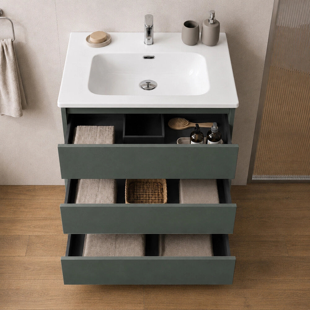 Mobile bagno a terra 60 cm verde tre cassetti push-pull con lavabo Tierra
