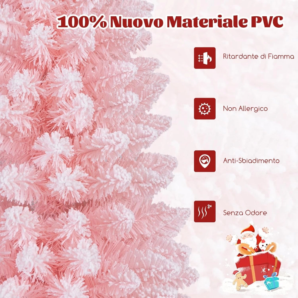 Albero di Natale Slim Rosa 150/180 cm, Albero di Natale Innevato con 328/460 Rami e Supporto Metallico Pieghevole, Albero per Decorazione per Feste in Casa e Ufficio (180 CM)