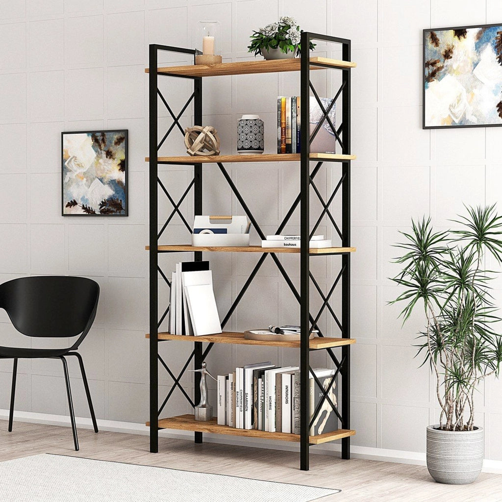 Biblioteca Mongiana, Libreria 5 Ripiani, 90x34x180h cm Marrone Rovere