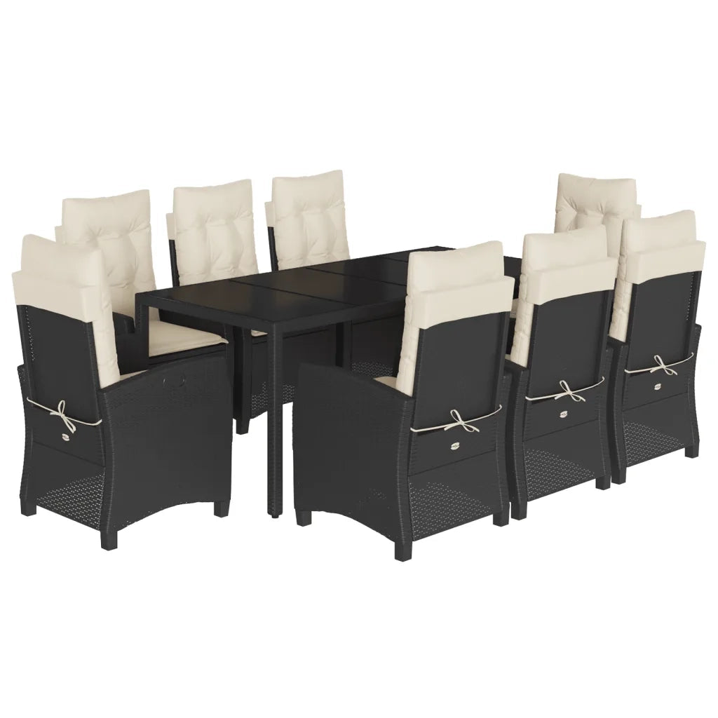 Set da Pranzo da Giardino 9 pz con Cuscini Nero in Polyrattan 3212634