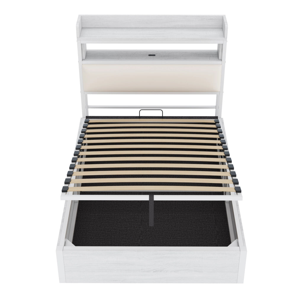 Letto 90x200 cm con contenitore idraulico e USB; testiera con vano in metallo; legno e tessuto bianco