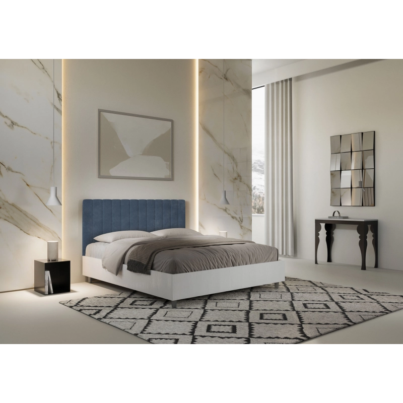 Letto Matrimoniale 160x190 cm struttura bianco frassino testata Kaia - Contenitore,Microfibra,Blu