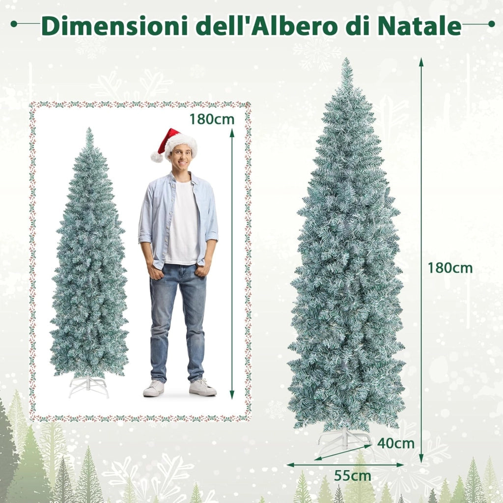 Albero di Natale Slim 150/180 cm, Albero con 190/250 Luci LED Colorate, Base in Metallo Pieghevole, Per Casa e Ufficio (180 cm)