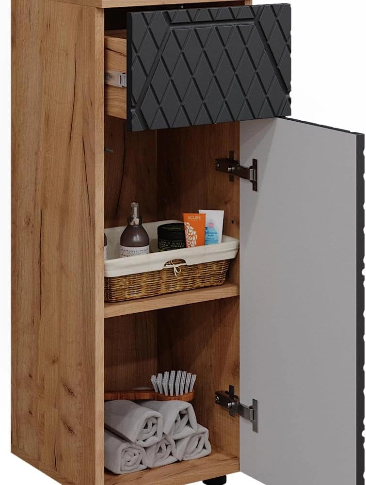 Mobiletto bagno Irma, Antracite con struttura a nido d'ape, 30 x 81 cm con 1 cassetto, 2 scomparti, per la conservazione in bagno, abbinabile alla serie Irma