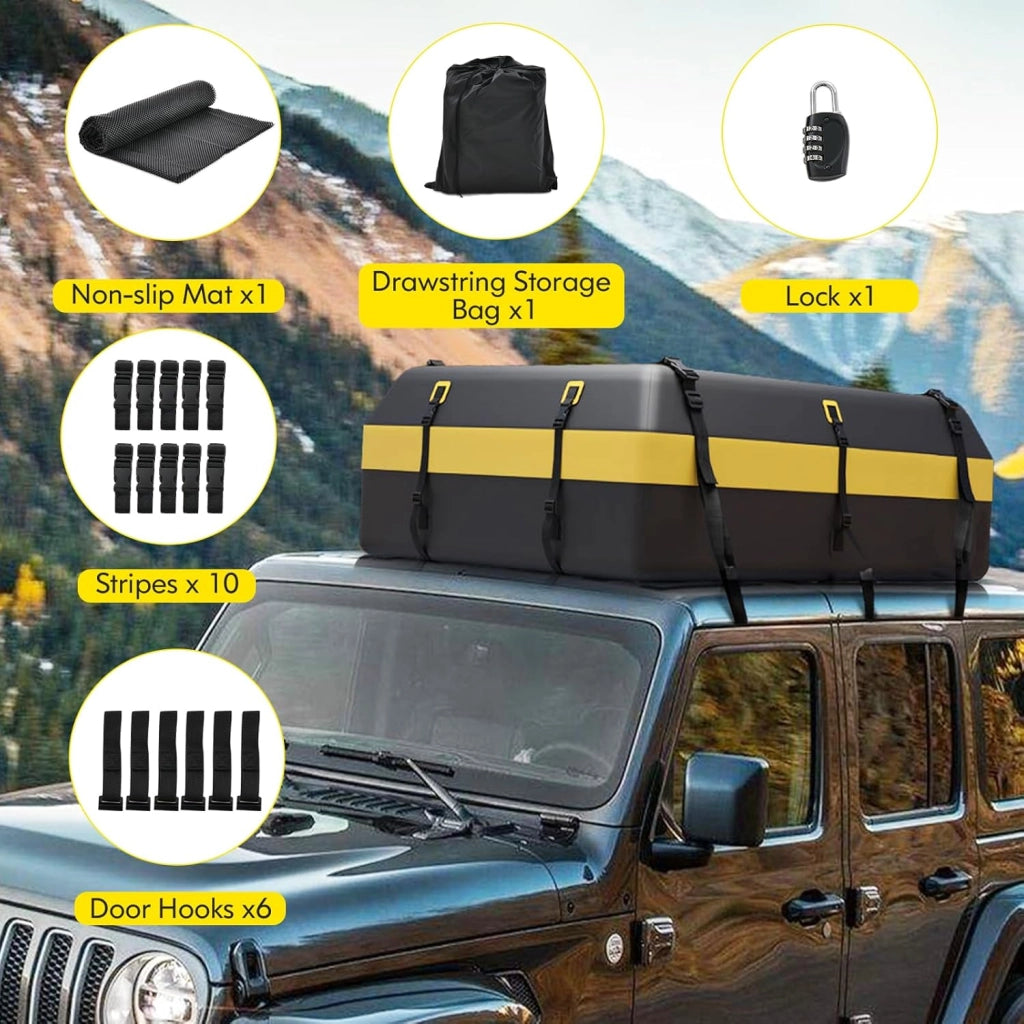 Box Tetto Auto 600 Litri, Portapacchi Auto Tetto 100 X 130 X 44 CM, Impermeabile con Tappetino Antiscivolo e Borsa per il Trasporto, Porta Bagagli Universale per Auto, SUV (Nero+Giallo-600L)