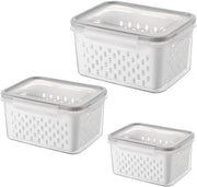 Set di 3 contenitori di conservazione, contenitori per alimenti per la dispensa, contenitori per frutta e verdura con coperchio e foro di scolo, set di organizzatori per la dispensa con doppio contenitore di conservazione (grigio)