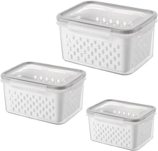 Set di 3 contenitori di conservazione, contenitori per alimenti per la dispensa, contenitori per frutta e verdura con coperchio e foro di scolo, set di organizzatori per la dispensa con doppio contenitore di conservazione (grigio)