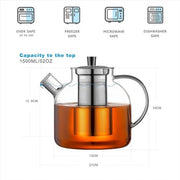 Teapot da 1500 ml in vetro con teierecuperatore con setaccio in acciaio inossidabile con canna in vetro borosilicato