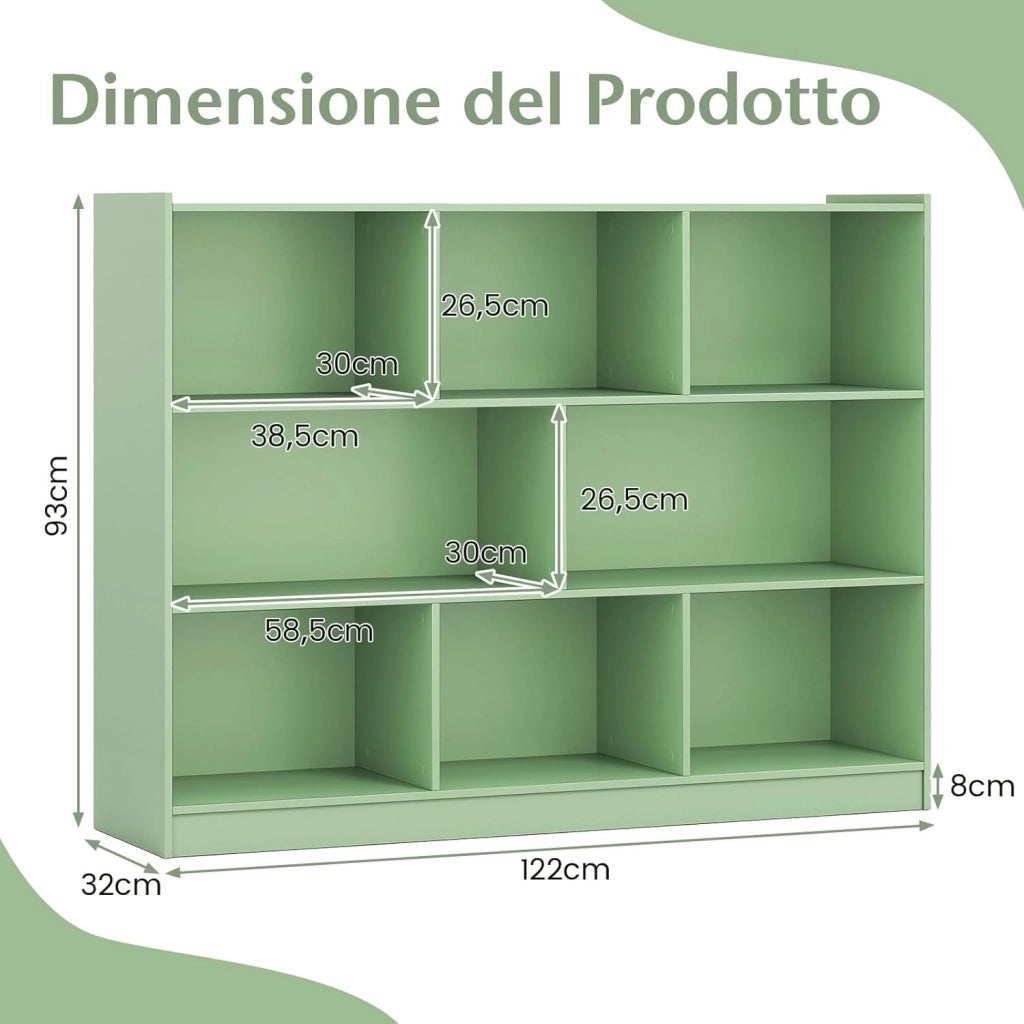 Libreria Scaffale da Terra con 8 Cubi, Libreria Multifunzione in Legno con Anti-ribaltamento, Salvaspazio per Cameretta, Soggiorno e Studio, Portata 220 kg, 122 x 32 x 93 cm (Verde)