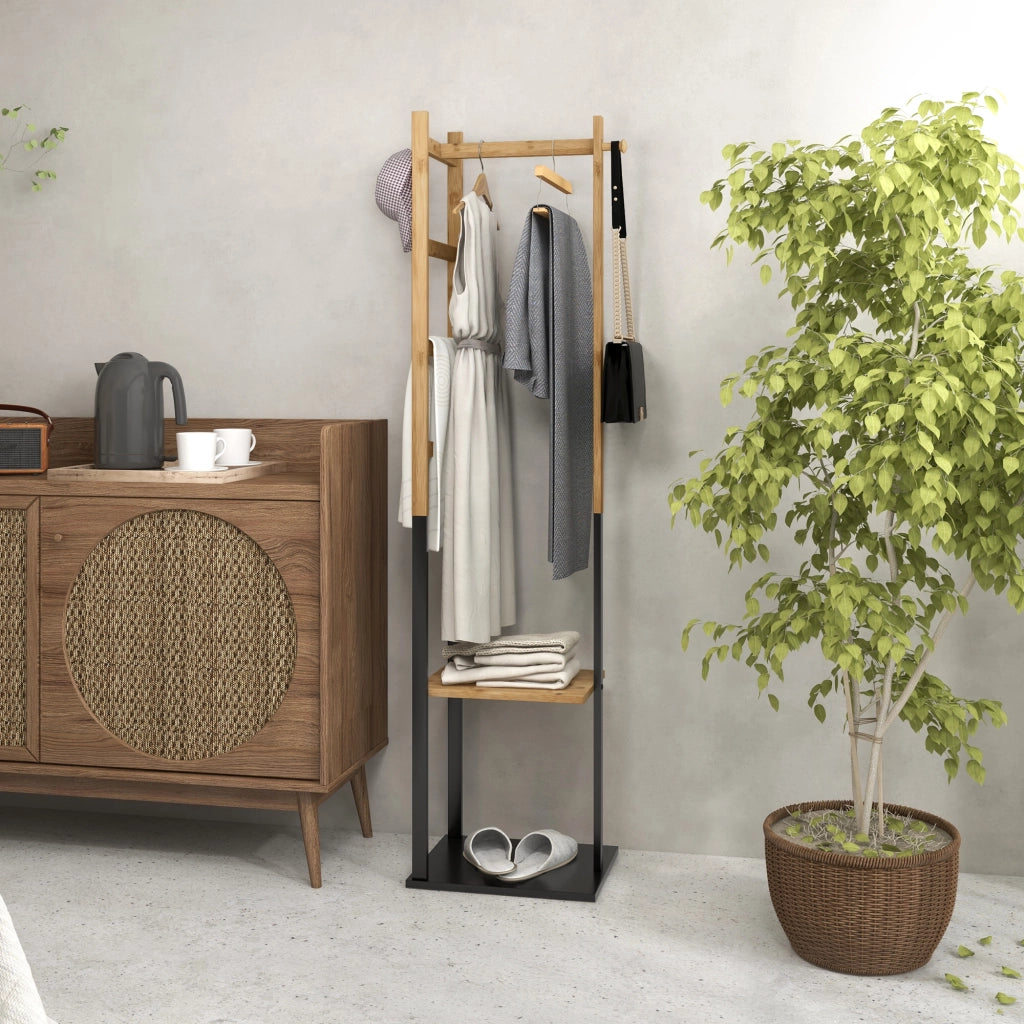 Appendiabiti a Stelo con Scaffale e Ganci ¨C Zephmum ¨C Legno Bamb¨´ e Acciaio Nero