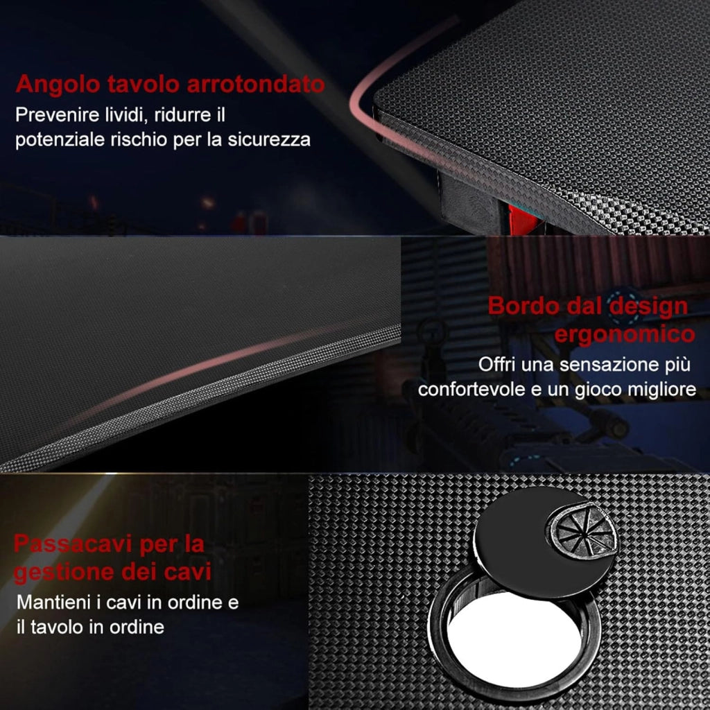 Scrivania da Gaming, Scrivania per Computer con Porta Bicchiere, Tavolo da Gaming con Superficie in Fibra di Carbonio, Capacità di Carico 100 kg, Nero