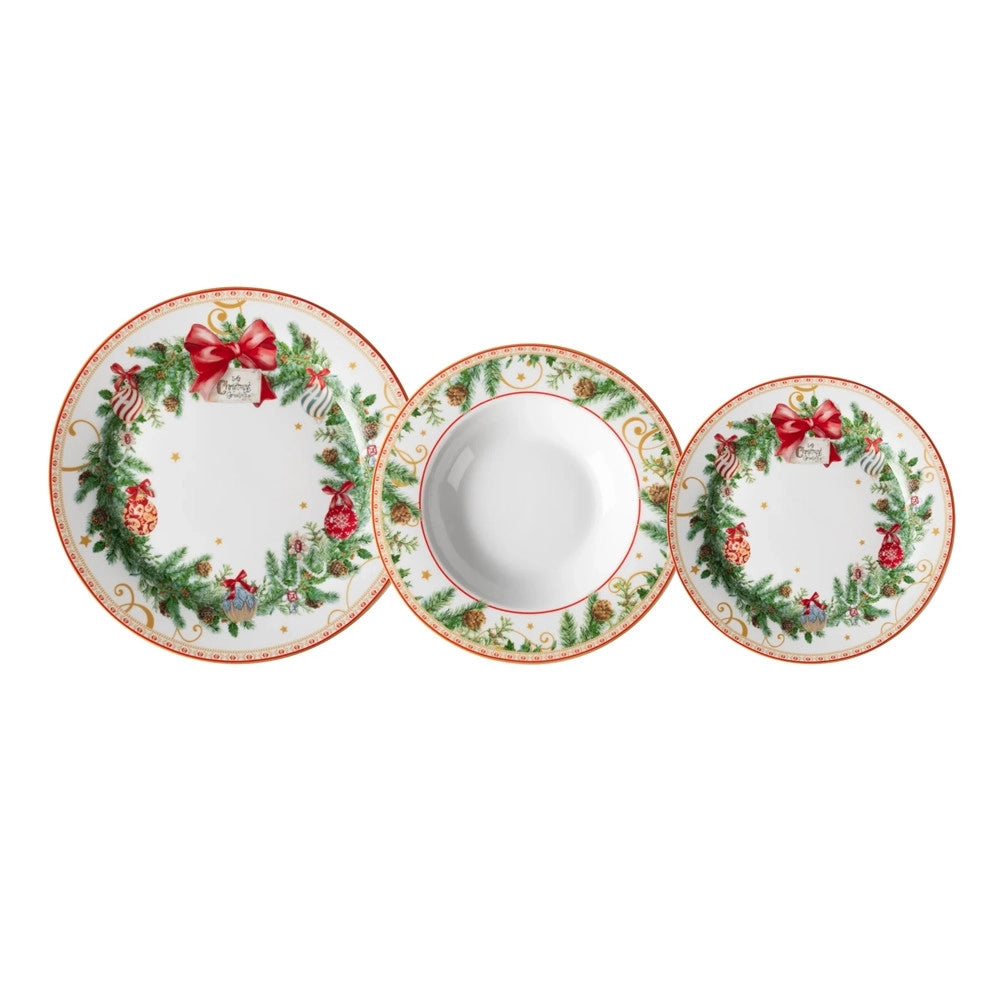 Trade Shop - Servizio Di Piatti In Porcellana 18pz Decoro Natalizio Ghirlande Agrifoglio Fiocchi Rossi -