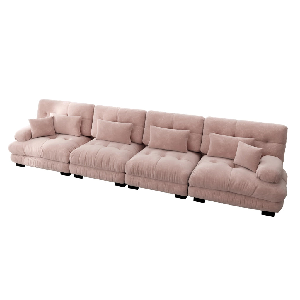 Divano modulare in ciniglia rosa con seduta profonda; 406 x 77 x 81 cm