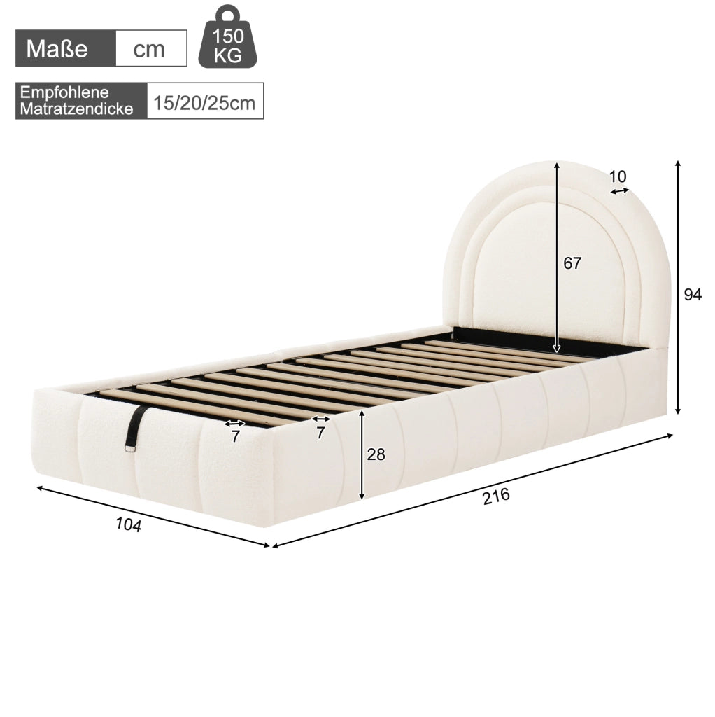Letto singolo per bambini 90x200 cm con contenitore idraulico e rete; tessuto bouclé beige