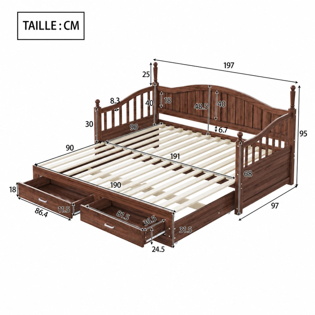 DESMIU Litto a scomparsa 90 × 190 cm 2 posti con 2 cassetti, senza materasso, in legno, noce naturale