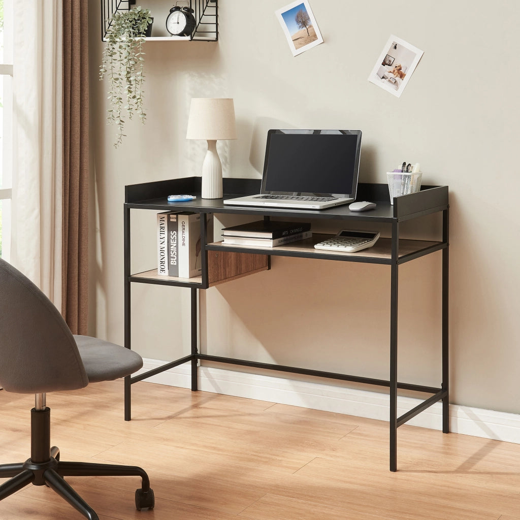 Scrivania Belana con Piano 100 x 43 cm e Scomparti Aperti - Nero / Effetto Rovere [en.casa]