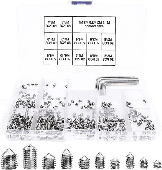 Set di Viti a Punto di Diamante RVS con Punto di Diamante Hex Metrische Bore M3 M4 M5 M6 M8 (245 pezzi) con Chiave a Punto di Diamante