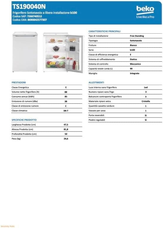 BEKO TS190040N FRIGORIFERO MONOPORTA 88L CLASSE E 82X47,5