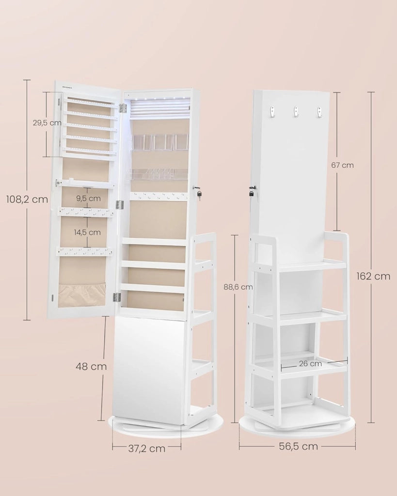 SONGMICS Armadietto Portagioie, Specchio Portagioielli a Figura Intera, 4 Ripiani, Luci LED Interne, Girevole a 360°, per Camera da Letto Cabina Armadio Ingresso, Bianco Nuvola JJC027WH01