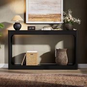 Consolle nera lunga 140 cm in MDF con ripiano inferiore, profonda 30 cm