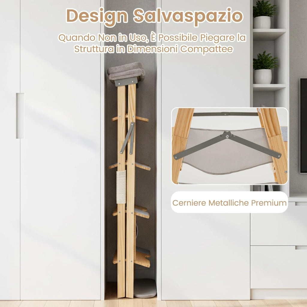 Albero per Gatti Alto 151cm, Tiragraffi per Gatti in Legno con Design a Scala, Cuscino Imbottito e Torretta Superiore, Palo Graffiatrice in Sisal, Mobile Salvaspazio per Gattini