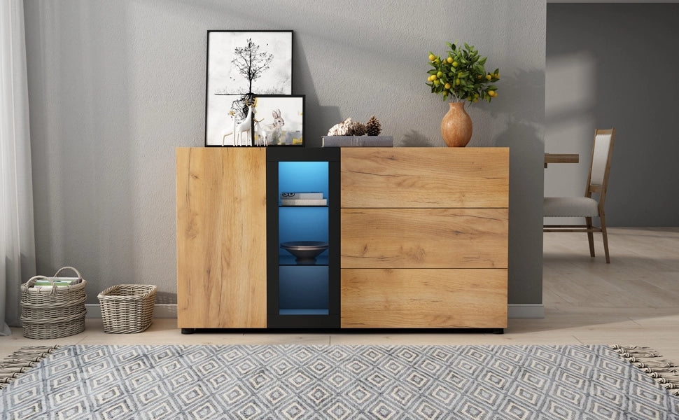 Credenza Moderna 140 cm Mobile Buffet Nero e Marrone con 3 Cassetti e Luci LED