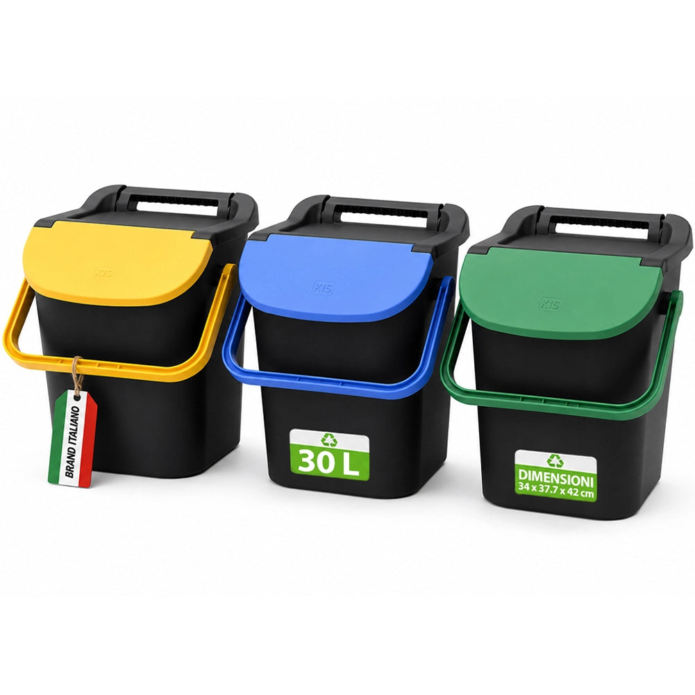 Set 3 Pattumiere Impilabili 34x37,7x42 cm Tower Bin 3x10L Raccolta Differenziata in Plastica Nero