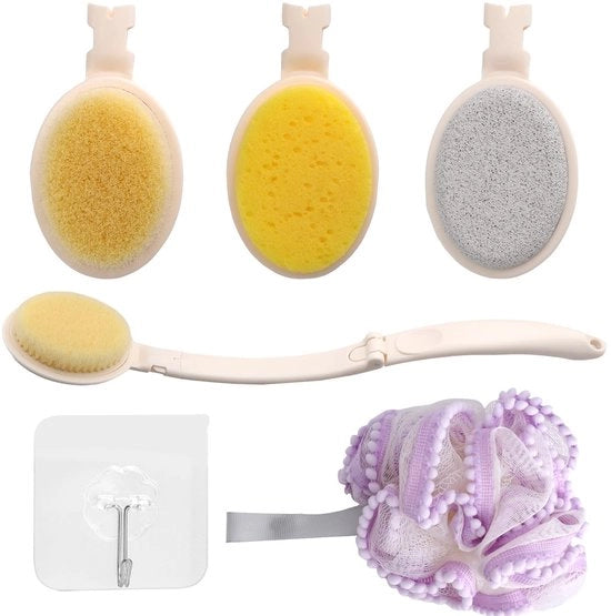 Spazzola per il corpo 3-in-1 con setole lunghe - Sfregiatore per doccia - Pennello per la doccia - Spazzola per il bagno pieghevole - Testa intercambiabile - Setole di nylon e spugna - Spazzola per il corpo