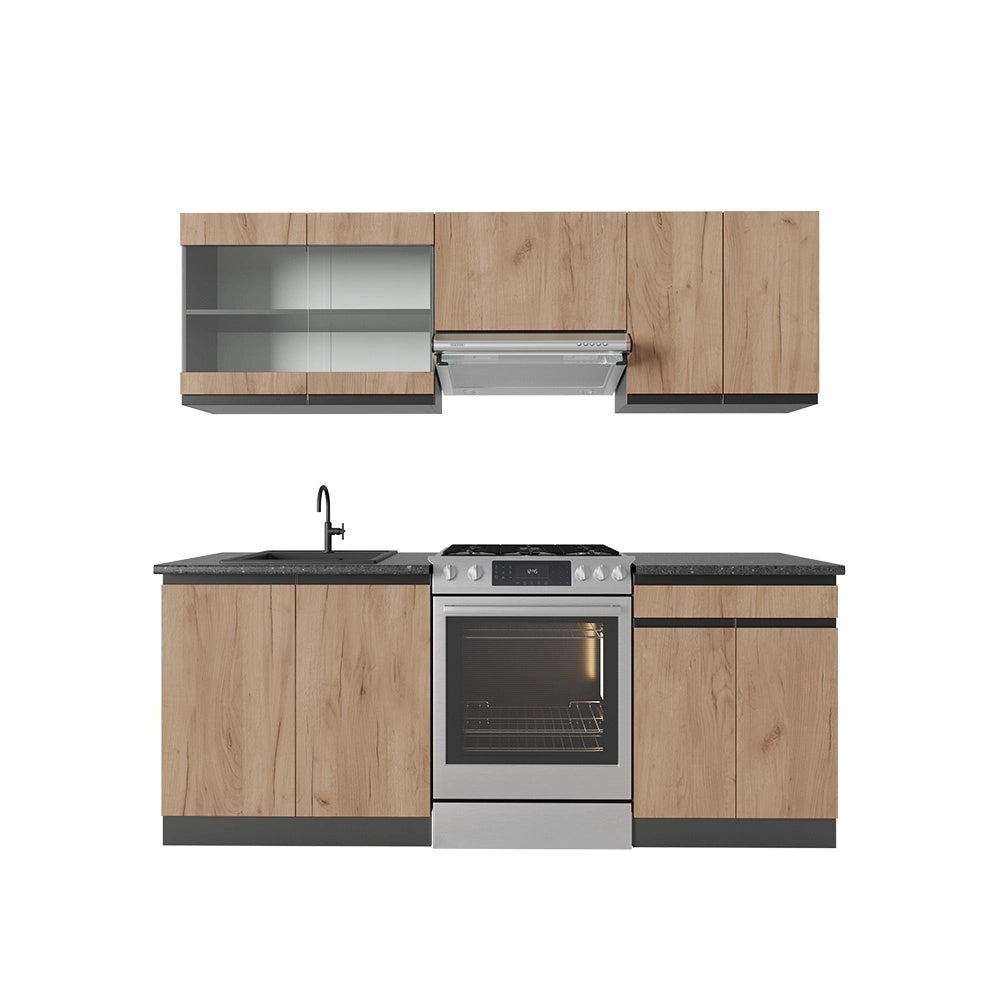 Cucina componibile R-Line Rovere dorato/Antracite 200 cm J-Shape, PL Antracite Vicco