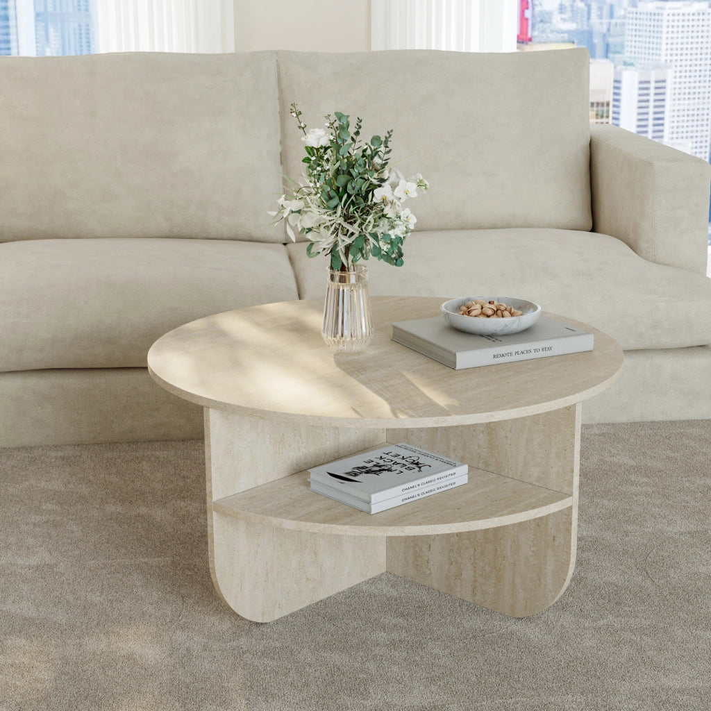 Tavolino Rotondo Reykhon Ø80 x 41 cm Color Avorio Travertin [en.casa]