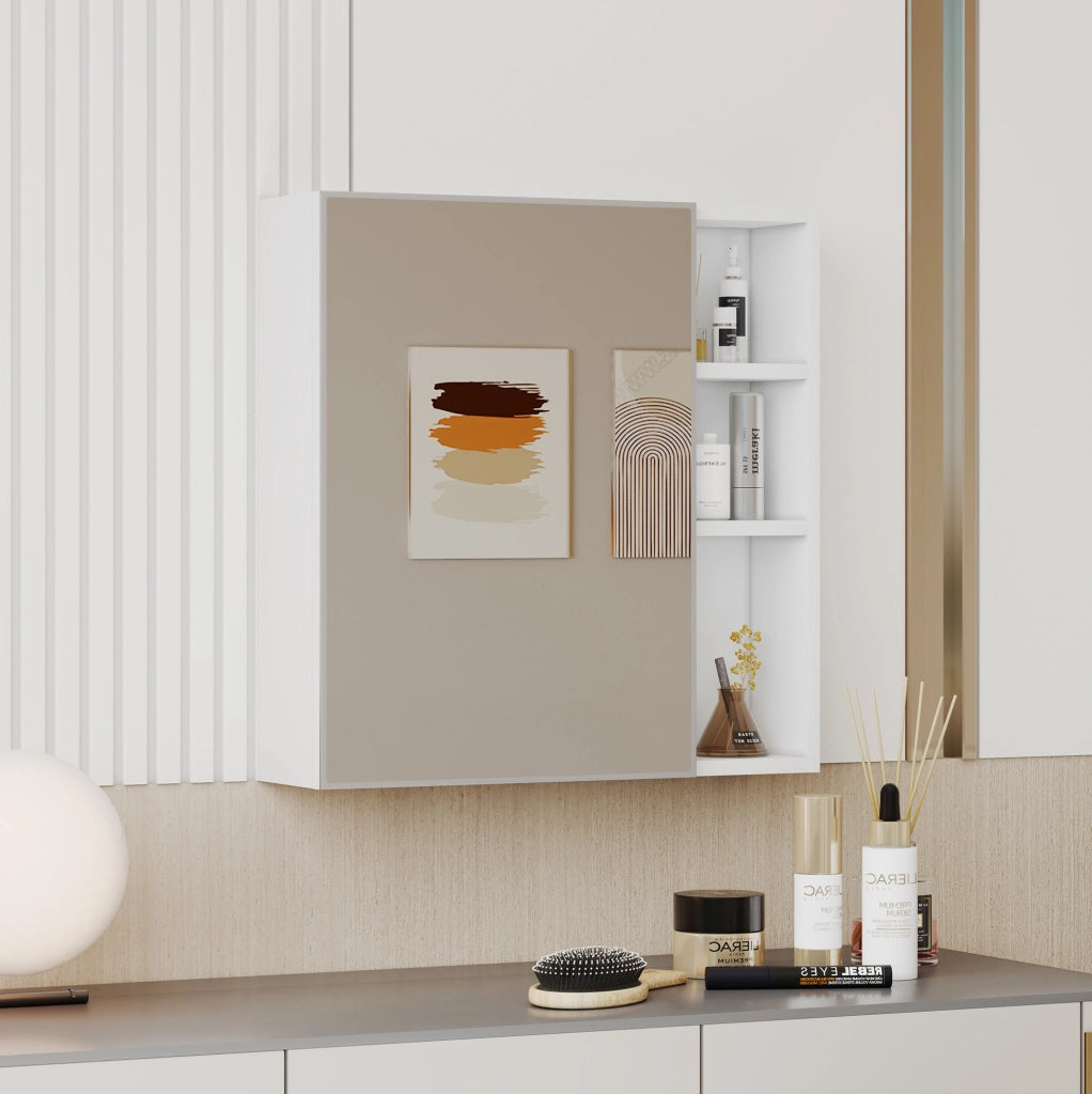 Armadio Specchiera da Parete 55×56 cm con Specchio di Sicurezza e Ripiani Interni, Bianco, per Bagno e Trucco