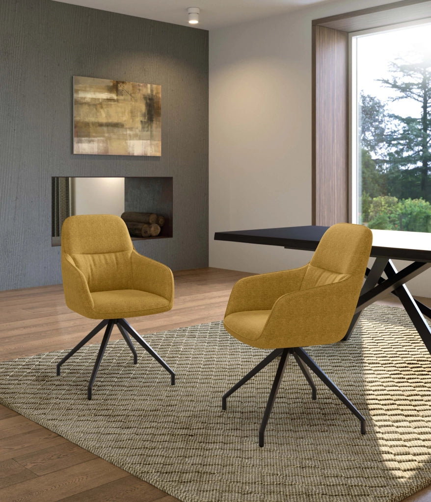 Sedia da pranzo girevole Gaia design moderno a conchiglia con rivestimento in tessuto giallo e struttura in metallo nero - OM