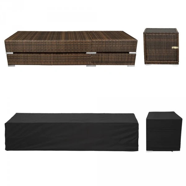 Set di due lettini prendisole in resina intrecciata polyrattan + tavolo + due set di fodere + telo protettivo marrone 08_0000504