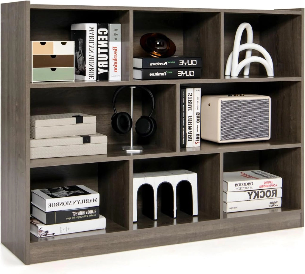 Scaffale Multiuso a 3 Livelli, Mobiletto Espositore Moderno a 8 Cubi, Libreria di Legno per Bambini, Organizer Giocattoli per Camera da Letto, Soggiorno, Studio (Grigio)
