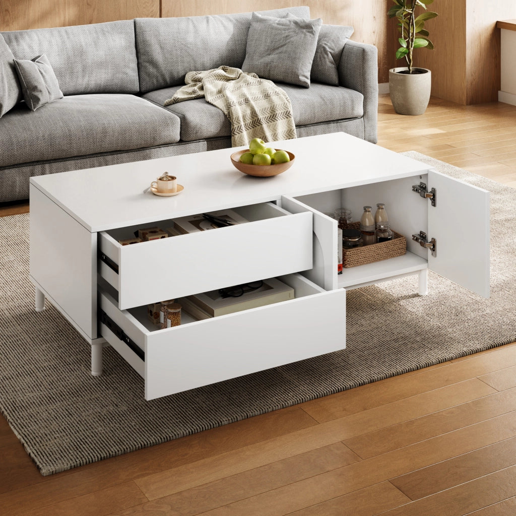 Tavolino da salotto con 2 cassetti e 2 ante; vano chiuso antipolvere; in MDF e pannelli; bianco; 100 × 50 × 39.5 cm