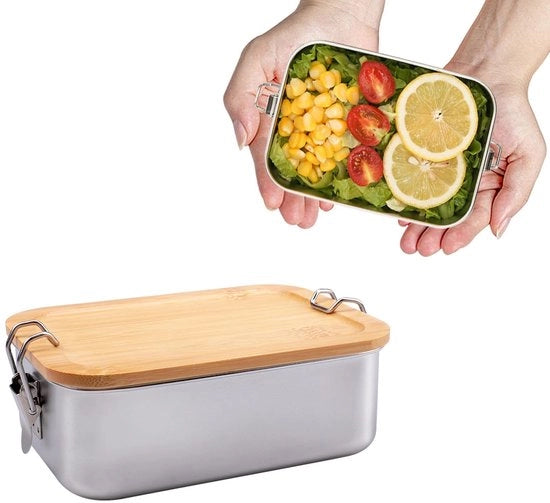 Lunchbox Bento per adulti/bambini con contenitore in metallo e coperchio in legno, snackbox in acciaio inossidabile per asilo, scuola e escursioni, 850 ml