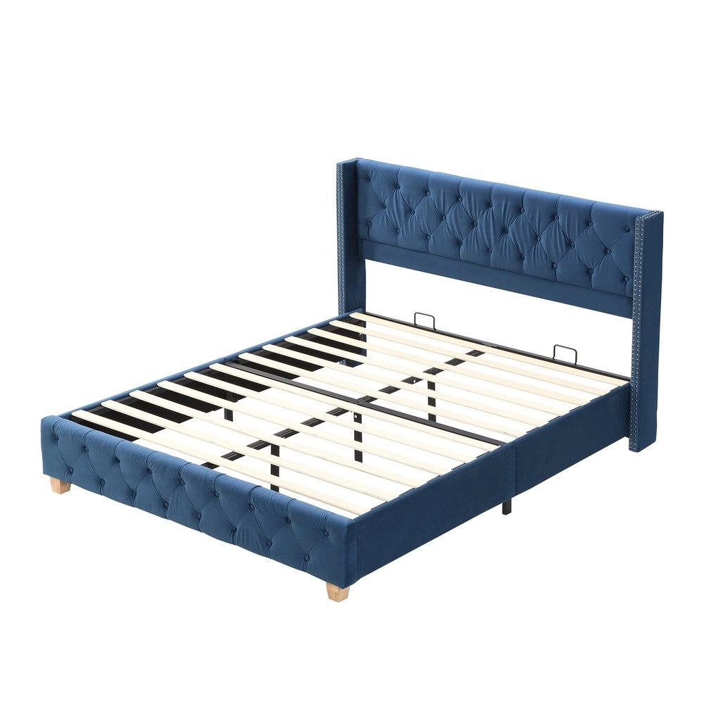 Letto Imbottito con Testiera e Rete a Doghe ¨C MINIMAL ¨C Velluto Blu 160x200