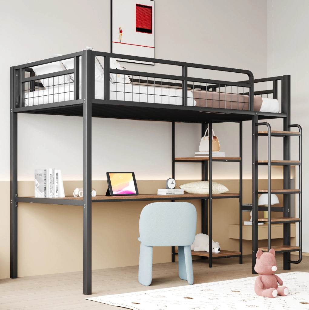 Letto a soppalco in metallo 90x200 cm nero con scrivania; ripiani e scala con gradini