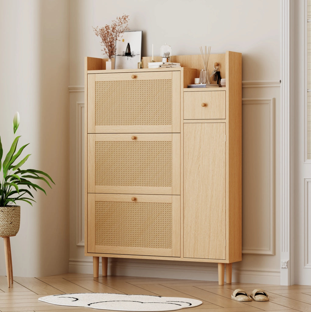Scarpiera salvaspazio con 3 ante a ribalta e cassetto; 90x125x17 cm; naturale; in MDF e legno massello