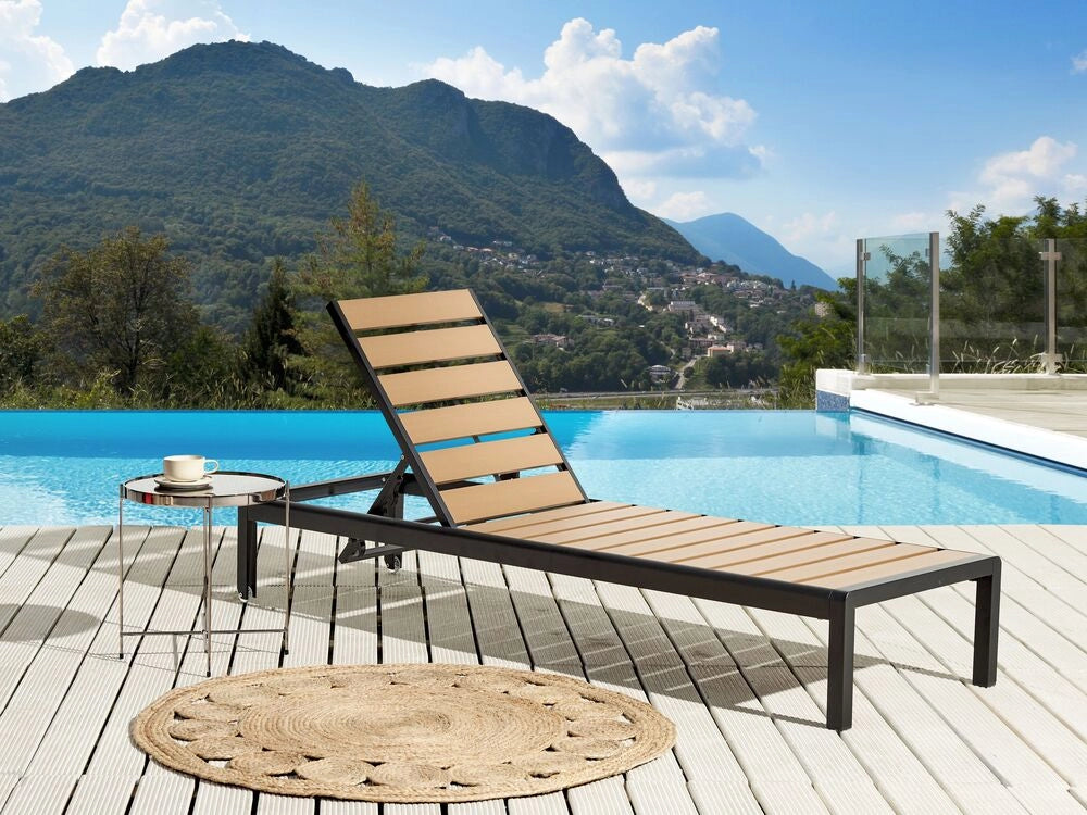 Lettino da esterno da giardino Struttura in alluminio Legno Chiaro e Nero Schienale reclinabile regolabile