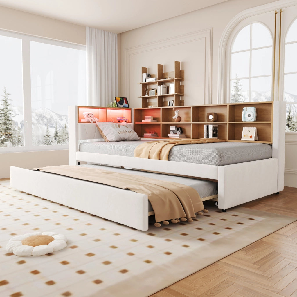 Divano letto 90x200 cm con letto estraibile; LED e contenitori in flanella beige