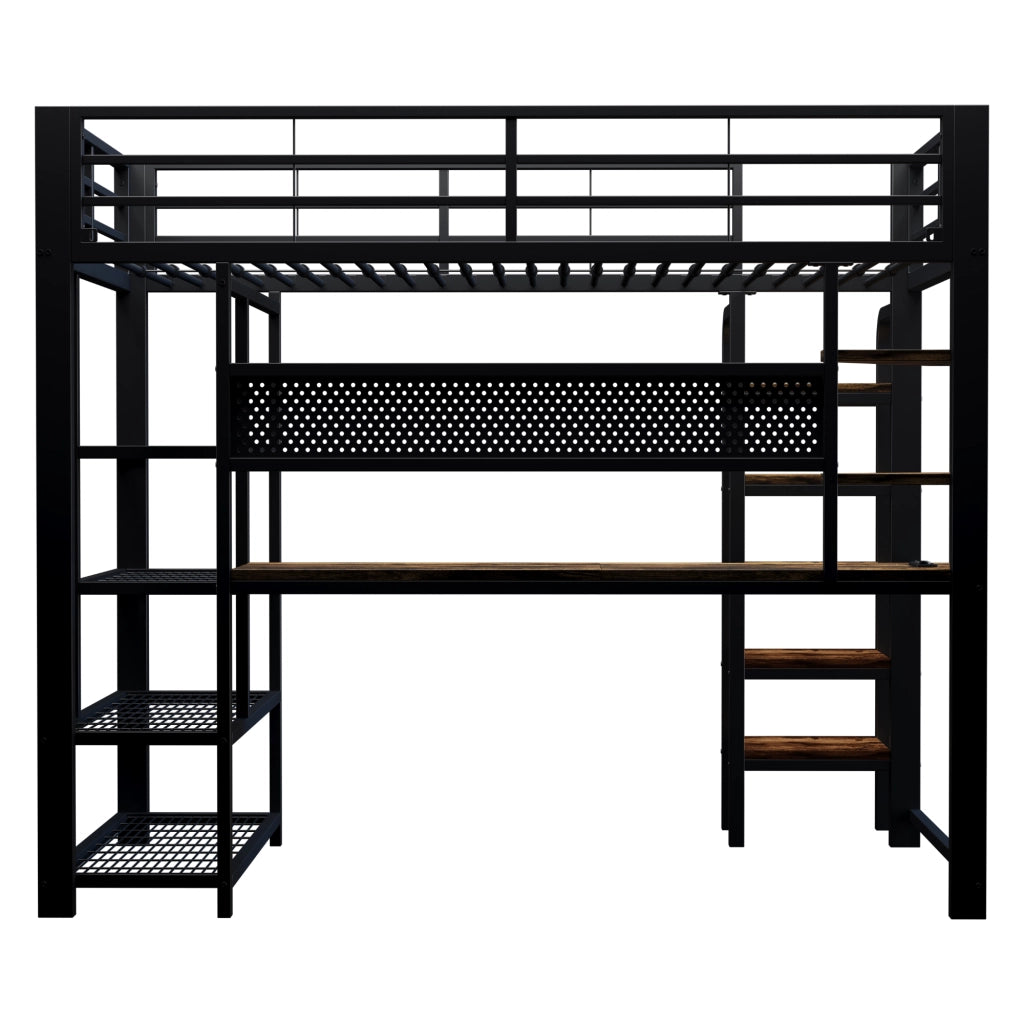Letto a soppalco 90 × 200 cm con scrivania lunga LED multicolore prese integrate ripiani metallo e legno nero