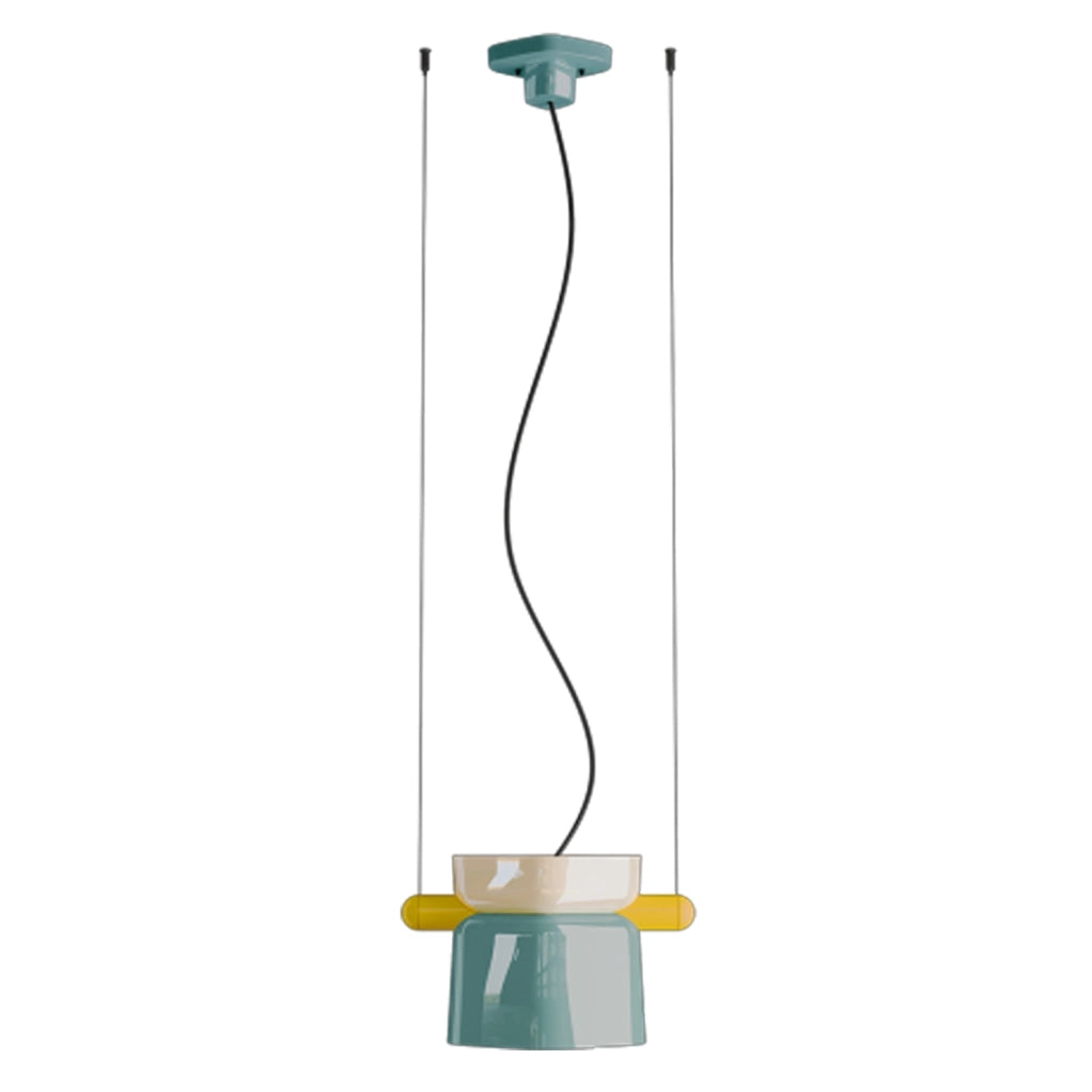 Sospensione Decò Yakitori Ceramica Crema Azzurro Metallo Giallo 1 Luce E27