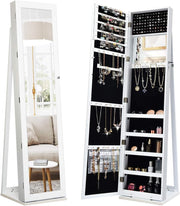 Armadietto Portagioie in Piedi con Specchio Ribaltabile, Armadietto a Specchio per Gioielli con 5 Scomparti, Supporto Triangolare, 157,5x38x38 cm,Bianco