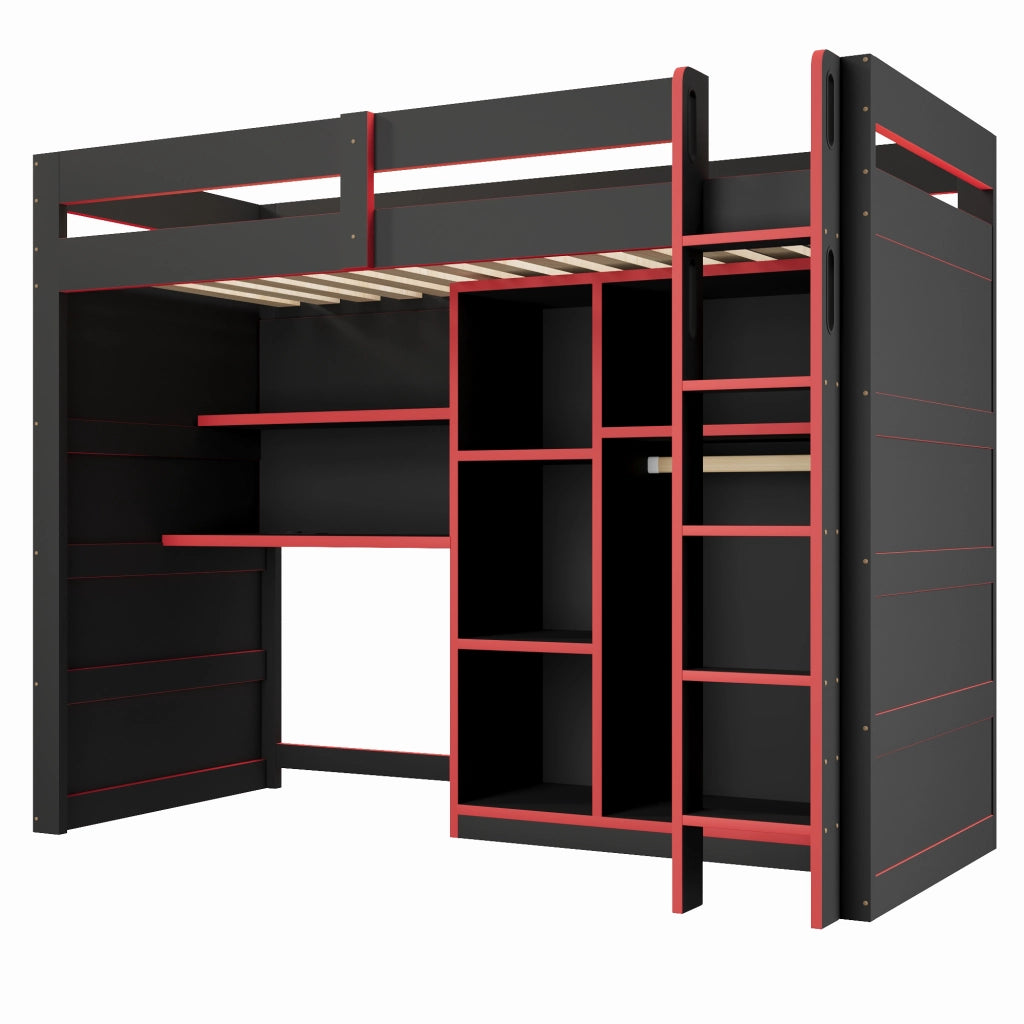 Letto a soppalco 90x200 cm con scrivania; armadio aperto e LED; nero e rosso