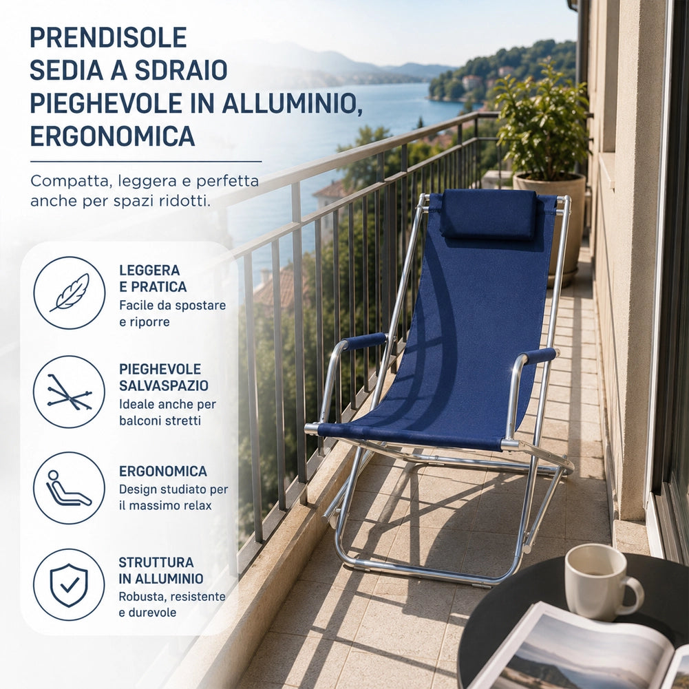 Sedia Sdraio Dondolino Pieghevole in Alluminio con Braccioli e Poggiatesta BLU