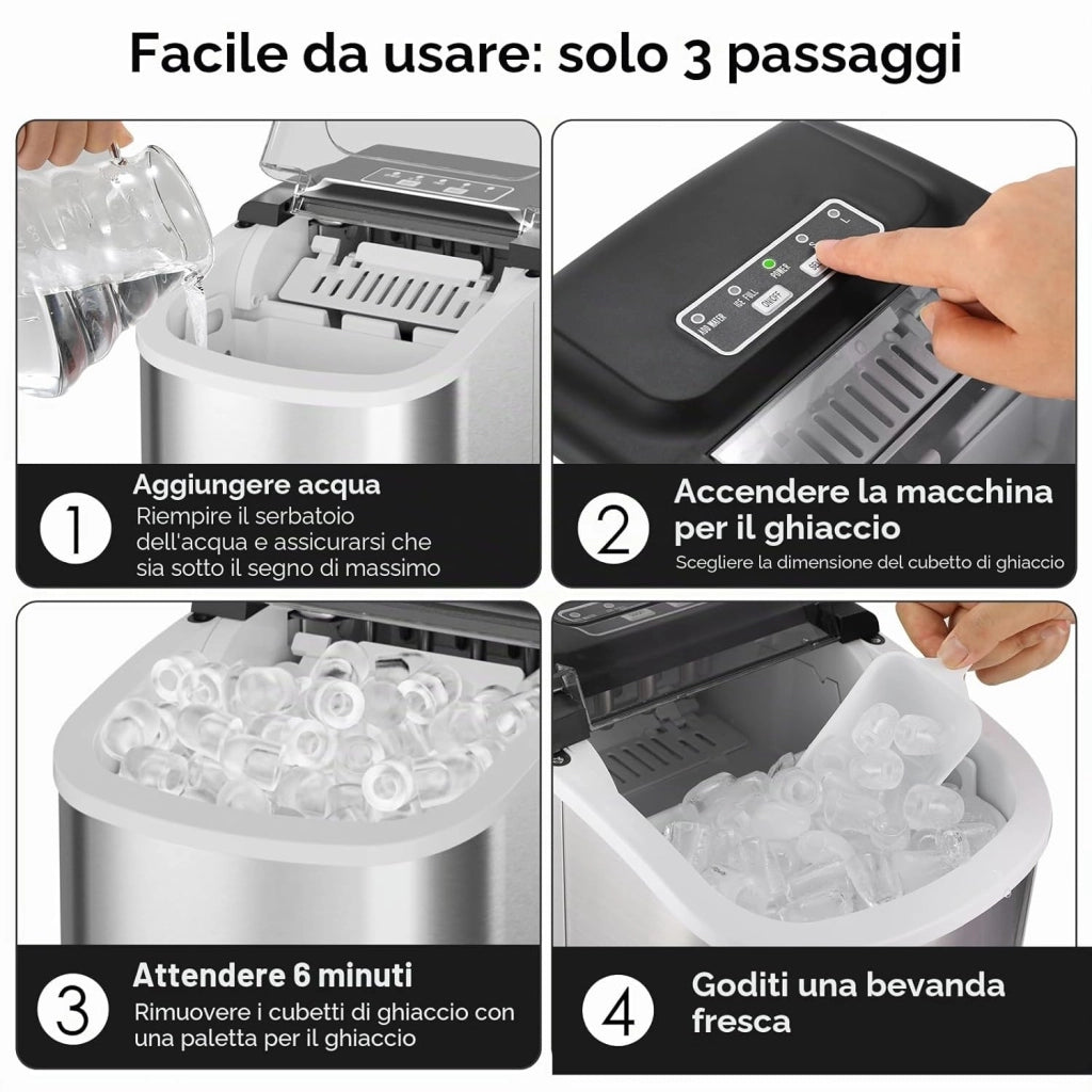 Macchina Ghiaccio, 12 kg/24h, 9 Cubetti di Ghiaccio in 6 Minuti, 2 Dimensioni di Ghiaccio, Silenzioso, Macchina del Ghiaccio con Maniglia, Macchina per il Ghiaccio Autopulente per Cucina/Ufficio/Bar
