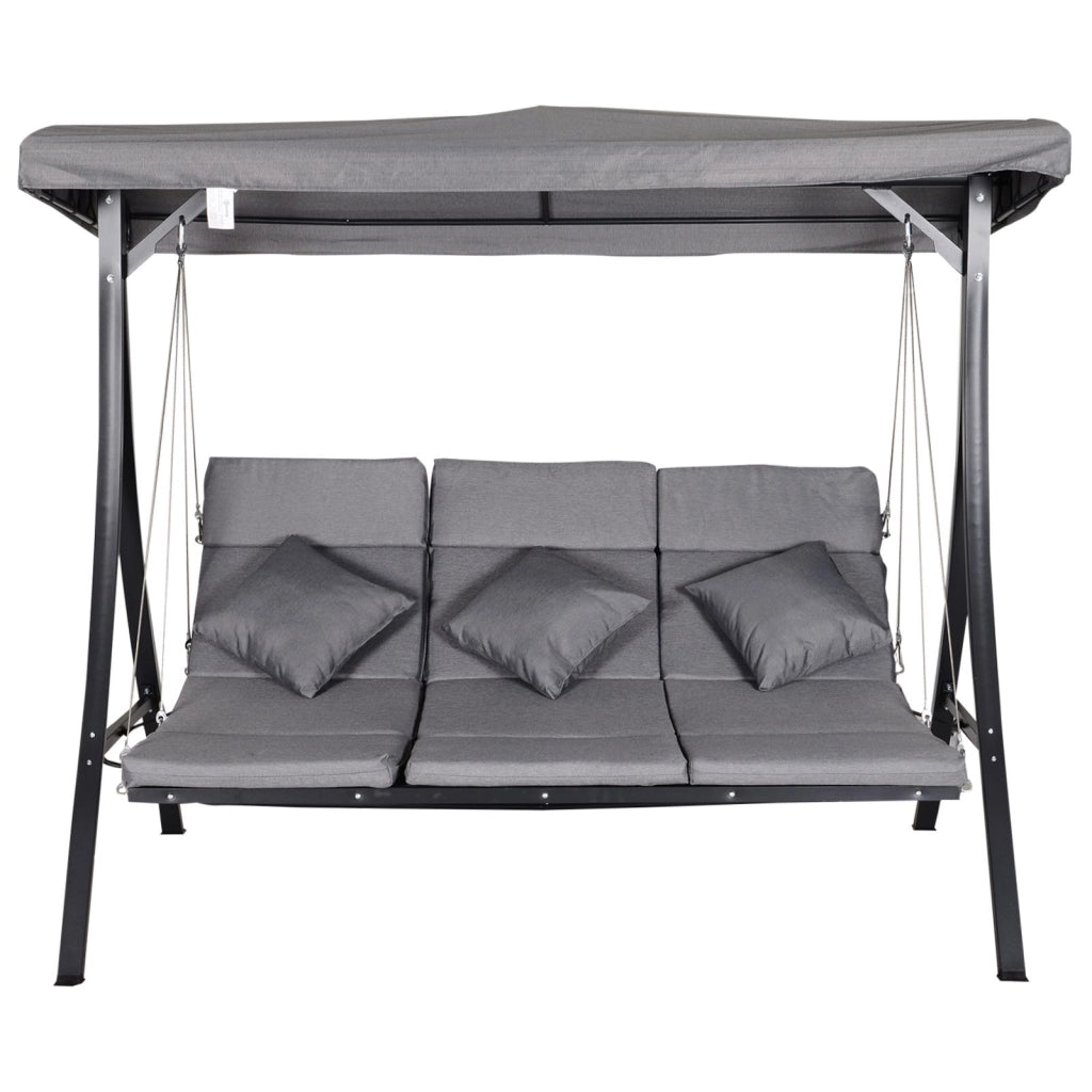 Easycomfort Dondolo da Giardino 3 Posti con Tettuccio Parasole Regolabile e 3 Cuscini, Dondolo da Esterno con Seduta Traspirante in Texteline e Metallo, Portata Fino a 270 kg, 198x118x168 cm, Grigio