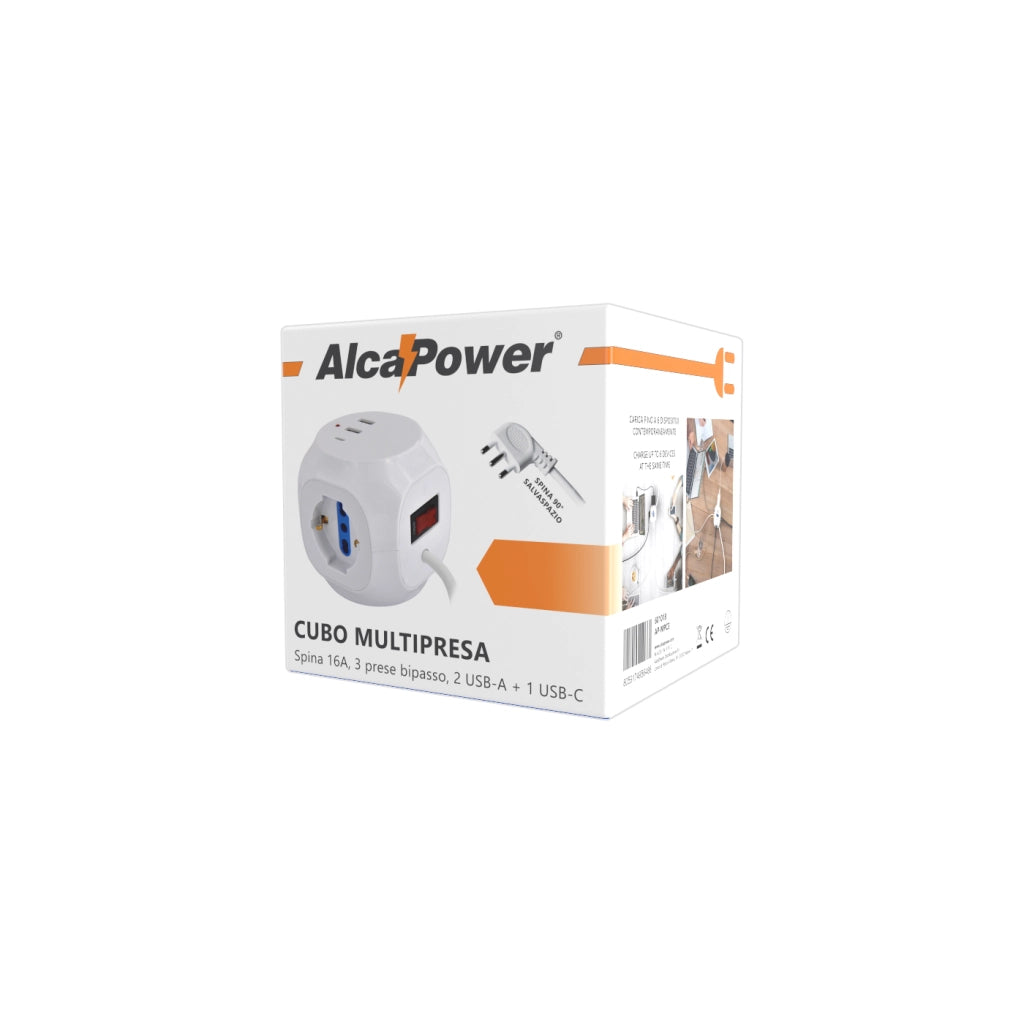 Alcapower Cubo Multipresa 3 Prese Schuko Bipasso + 2 USB-A + 1 USB-C PD, Potenza 3500W, Cavo 1.5m, Interruttore Luminoso, Design Compatto Nero