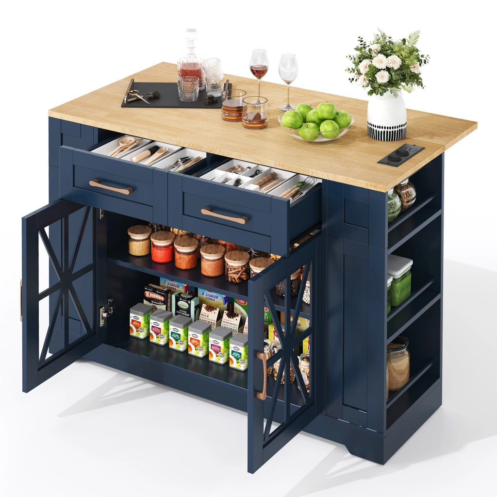 Isola da Cucina Mobile 120x40/65x92 cm Blu e Legno con Piano Ribaltabile, 2 Prese, 2 USB e Ruote